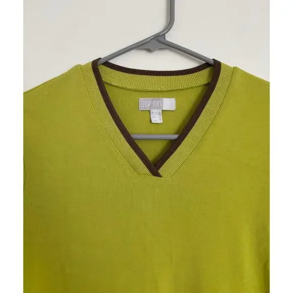 Lime Green and Brown Vintage Espirit V-Neck Shirt S - Picture 2 of 5